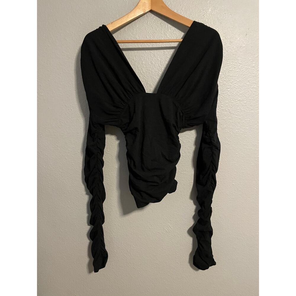 Interior Top Womens Medium Black Deep V Long Sleeve Ruched Designer Clubwear